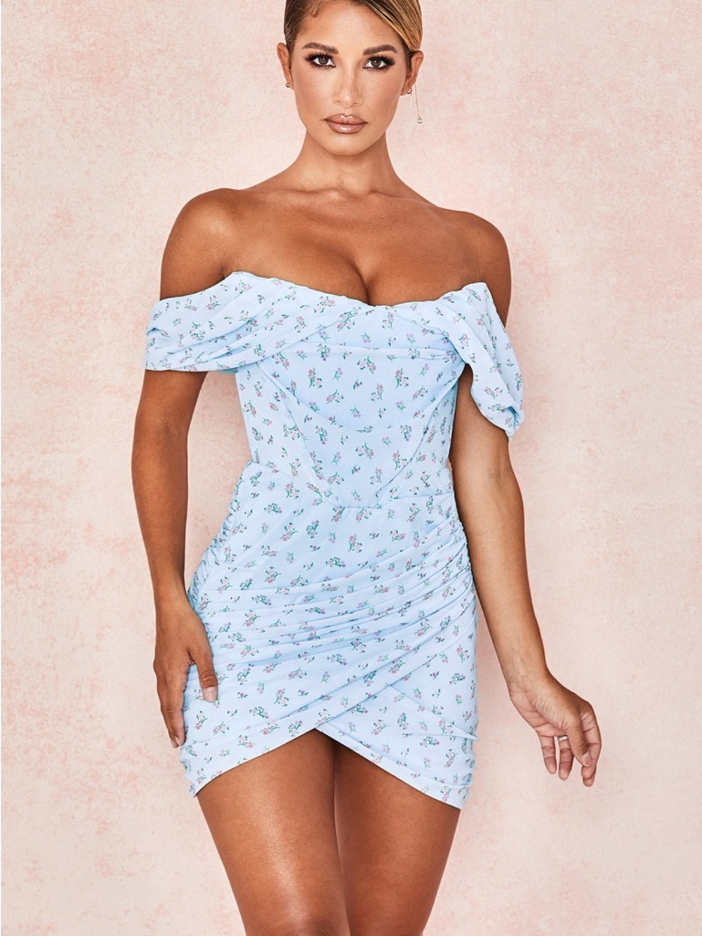 House of CB Pale Blue Floral Wrap Mini Dress